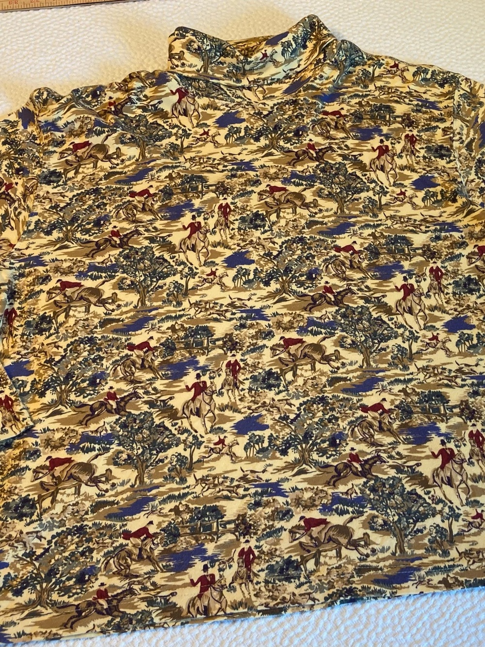 Talbots Yellow Equestrian  Print Turtleneck Top with Blue and Red Accents